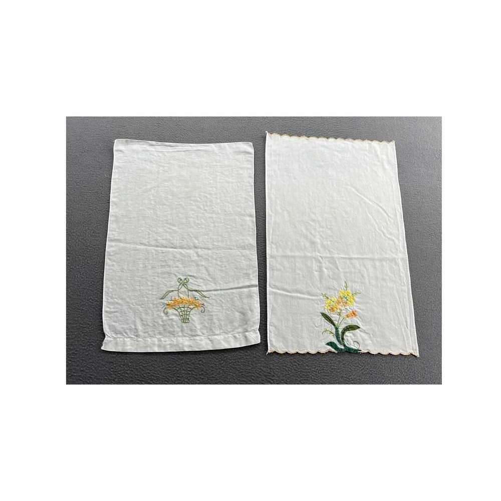 Vintage Hand Embroidered Linen Guest Towel Set Floral Basket Applique White 2pc